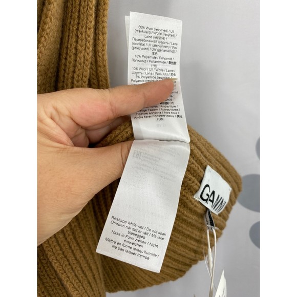 Ganni NWT Rib Knit Scarf Recycled Wool Ribbed Half Size Tan One Size New - Picture 10 of 11